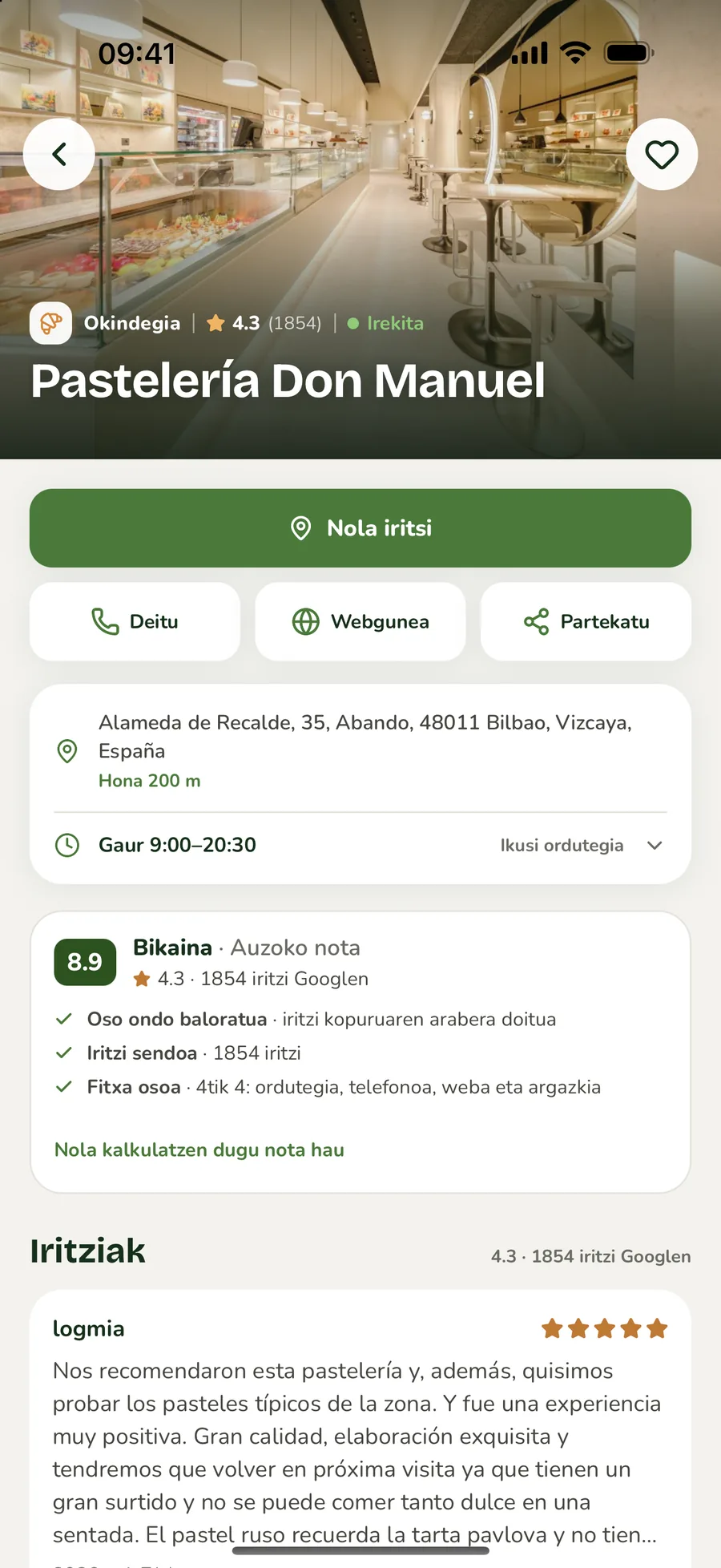 Denda baten fitxa Auzokon: balorazioa, helbidea, ordutegia eta nola iritsi botoia.