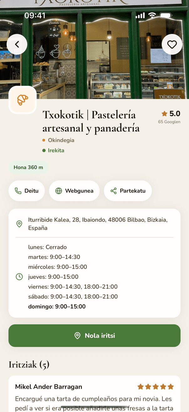 Auzoko gozotegi baten fitxa Auzokon: balorazioa, helbidea, ordutegiak eta nola iritsi botoia.