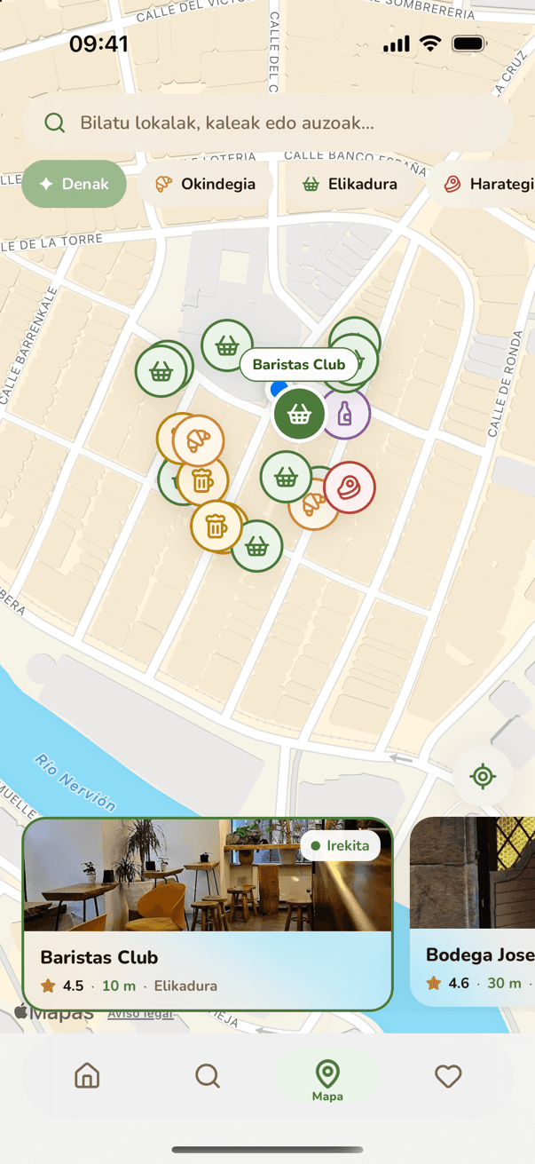 Auzokoren mapa-pantaila, Bilboko Alde Zaharreko dendak kategoriaka markatuta.