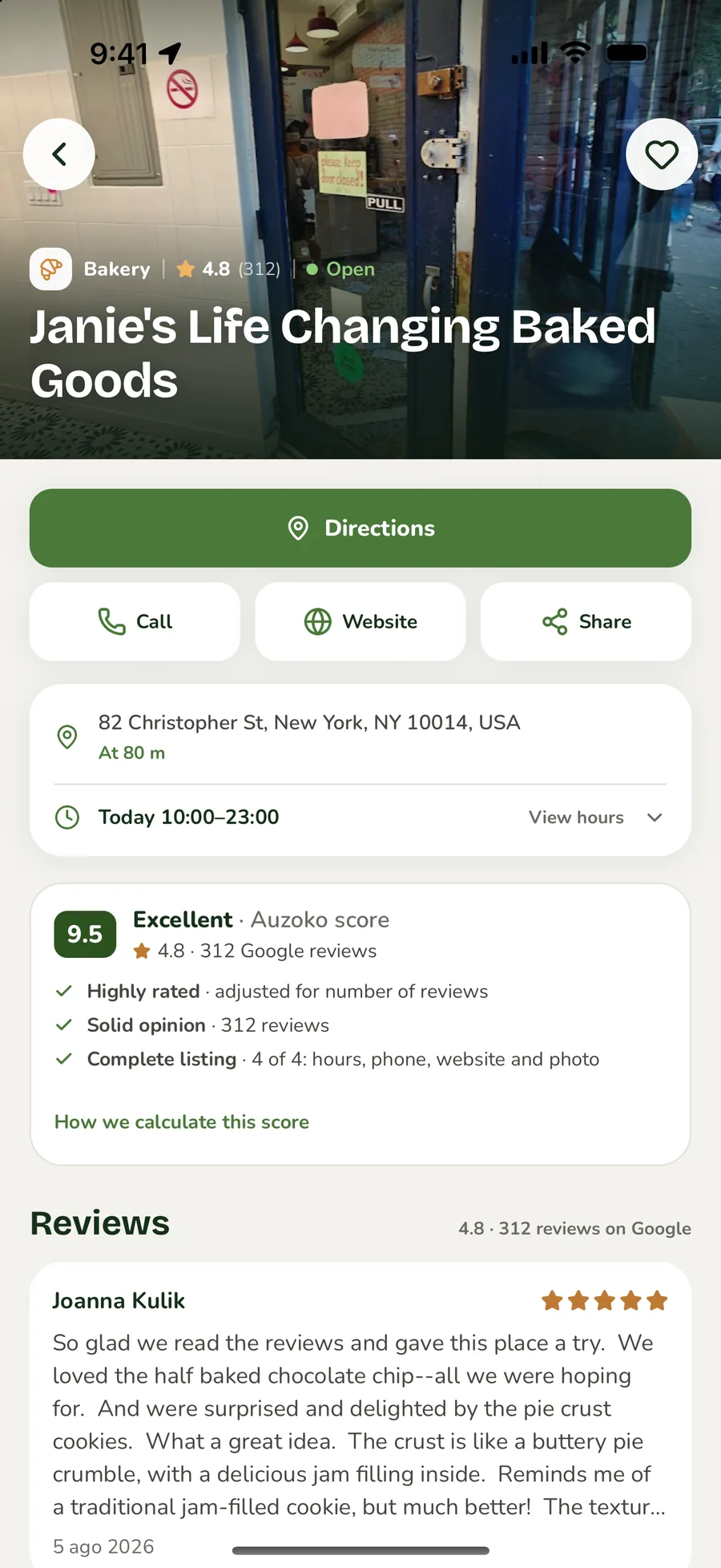 A shop page in Auzoko with its rating, address, opening hours and directions button.