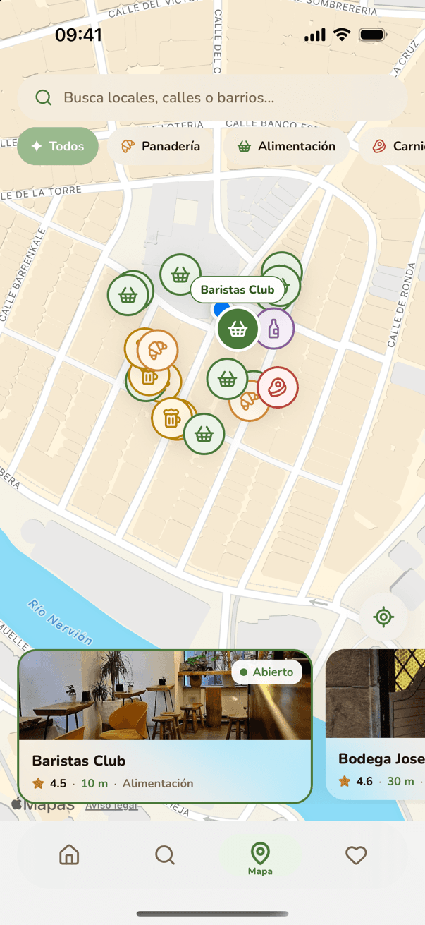 Pantalla del mapa de Auzoko con comercios del Casco Viejo de Bilbao señalados por categoría.